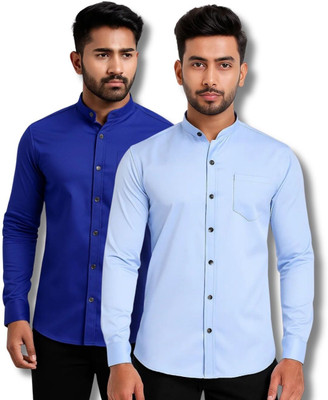 CROWNTAIL Men Solid Casual Dark Blue, Light Blue Shirt(Pack of 2)