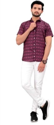 ISUEL FAB Men Printed Casual Pink, Black Shirt