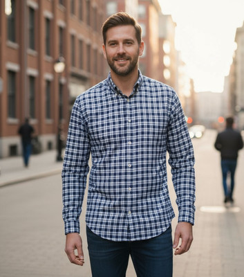 GRT Men Checkered Casual Blue Shirt