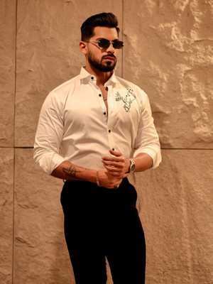 Cresale Men Embroidered Party White Shirt