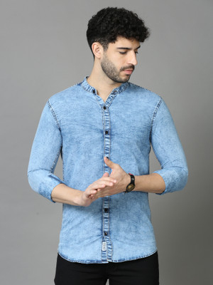 ZHAO Men Printed Casual Blue Shirt