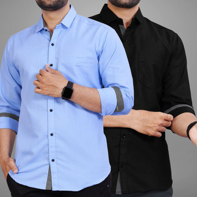 BROWEARS Men Solid Casual Black, Light Blue Shirt(Pack of 2)