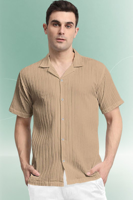 A DEEMOON TREND Men Solid Casual Cream Shirt