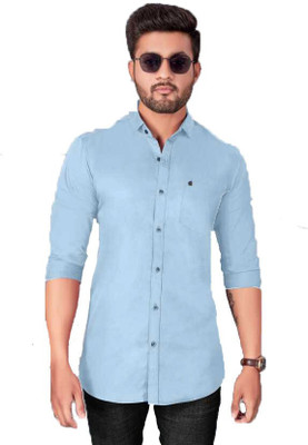 isuelfeb Men Solid Casual Light Blue Shirt