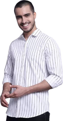FAVNIC Men Striped Casual White, Grey Shirt
