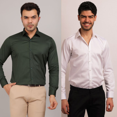 Mculine Men Solid Casual Dark Green, White Shirt(Pack of 2)