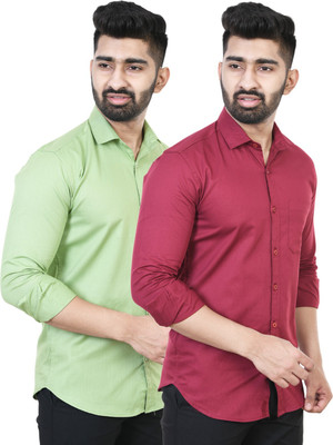 Feel high Men Solid Casual Green, Maroon Shirt(Pack of 2)