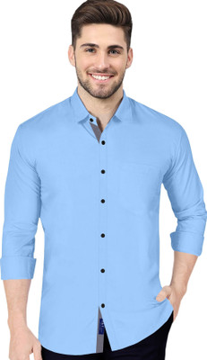 P & V Creations Men Solid Casual Blue Shirt