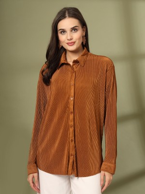 PLUSS Women Self Design Casual Brown Shirt