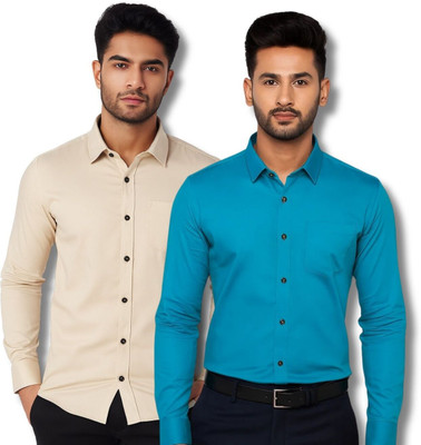 VIMASUTI Men Self Design Casual Beige, Blue Shirt(Pack of 2)