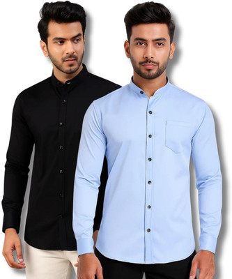 EchoWear Men Solid Casual Black, Light Blue Shirt(Pack of 2)