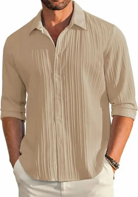 Voroxy Men Self Design Casual Beige Shirt