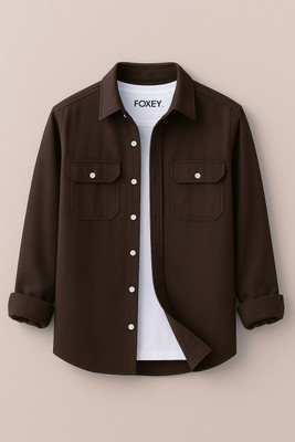 FOXEY Men Solid Casual Brown Shirt