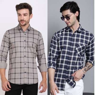 HANUMNTRA Men Checkered Casual Grey, Blue Shirt(Pack of 2)