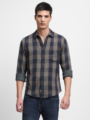 Dennis Lingo Men Checkered Casual Beige, Black Shirt