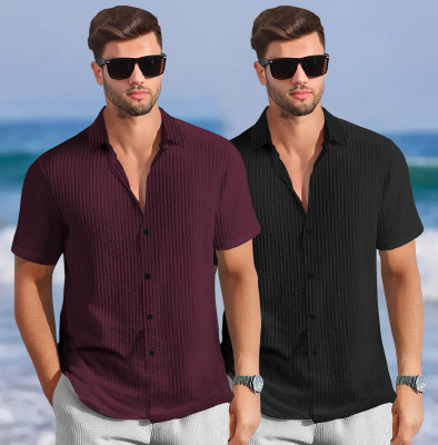 TRIPR Men Solid Casual Maroon, Black Shirt(Pack of 2)