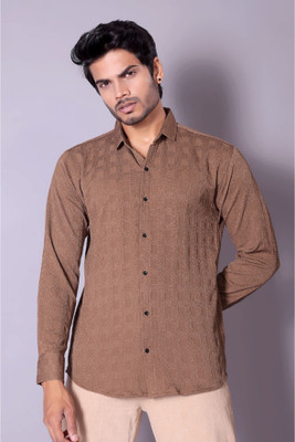 SHFASHION Men Self Design Casual Brown Shirt