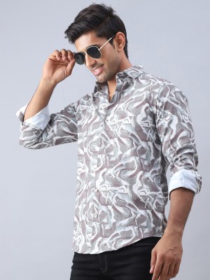 Indian Needle Men Printed Casual Grey, White Shirt