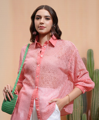 Tokyo Talkies Women Self Design Casual Pink Shirt