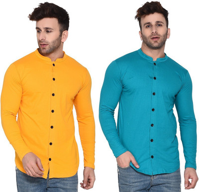 Lawful Casual Men Solid Casual Yellow, Light Green Shirt(Pack of 2)