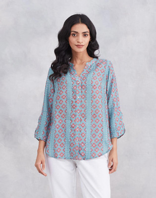 Fabindia Women Printed Casual Blue Shirt