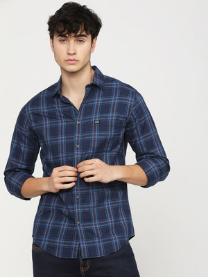The Indian Garage Co. Men Checkered Casual Dark Blue Shirt