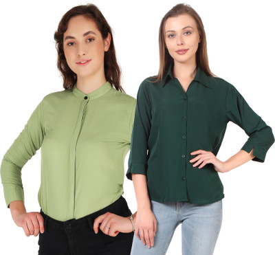 Hunoor Women Solid Formal Dark Blue, Light Green Shirt(Pack of 2)