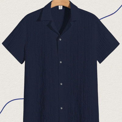 A DEEMOON TREND Men Self Design Casual Dark Blue Shirt