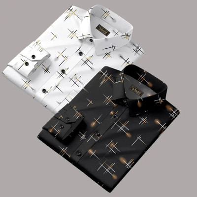 Cubix Men Graphic Print Casual White, Light Blue Shirt(Pack of 2)