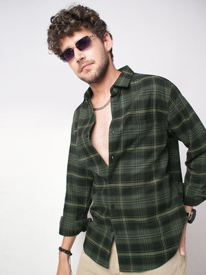VASTRADO Men Checkered Casual Dark Green Shirt