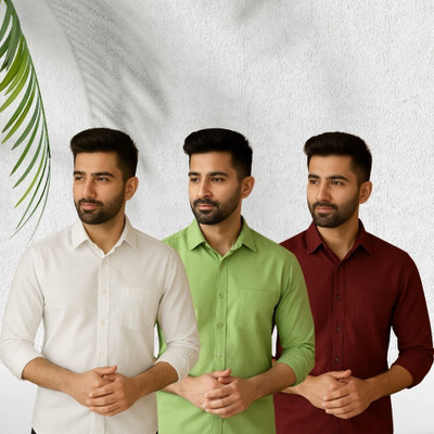 Nextfit Men Solid Casual Green, Maroon, White Shirt(Pack of 3)
