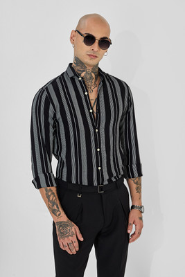 Snitch Men Striped Casual Black Shirt