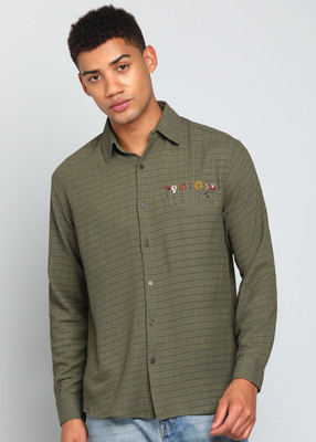 INDICLUB Men Self Design Casual Green Shirt
