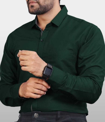 swadra Men Solid Casual Dark Green Shirt