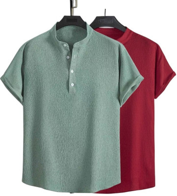 METRONAUT Men Solid Casual Light Green, Maroon Shirt(Pack of 2)