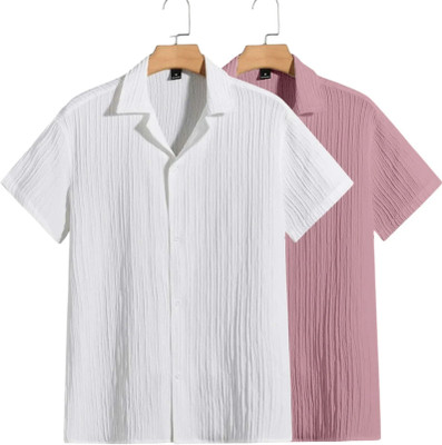 METRONAUT Men Self Design Casual White, Pink Shirt(Pack of 2)