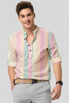 Arth Enterprise Men Striped Casual Green Shirt