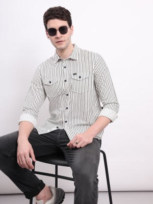 LEE Men Striped Casual White, Black Shirt