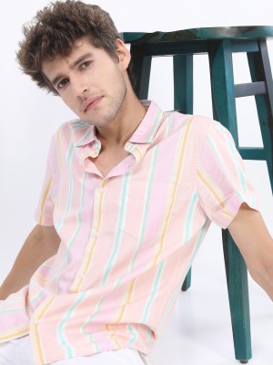 HIGHLANDER Men Striped Casual Pink Shirt