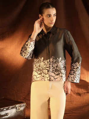 KAZO Women Floral Print Formal Dark Green Shirt