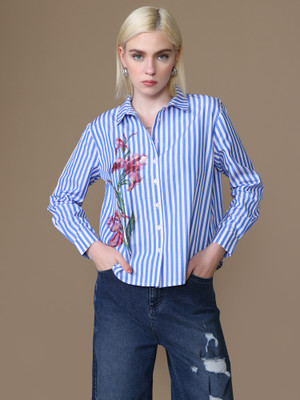 KAZO Women Striped Party Blue Shirt