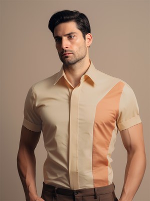 Hespoke Originals Men Color Block Formal Beige, Orange Shirt