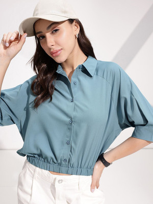 encore by INVICTUS Women Solid Casual Blue Shirt