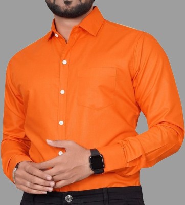 Gangahouse Men Solid Formal Orange Shirt