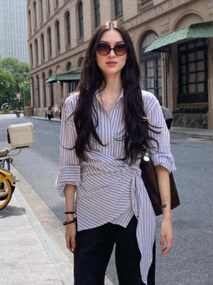 OUTZIDR Women Striped Casual White Shirt
