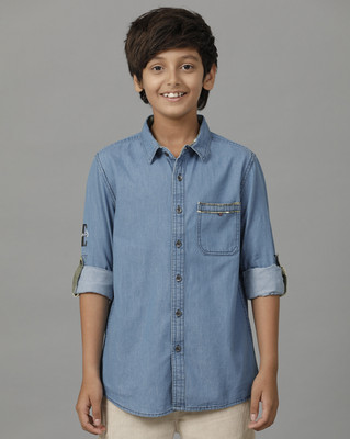 Under Fourteen Only Boys Self Design Casual Blue Shirt