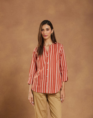 Fabindia Women Striped Casual Orange Shirt