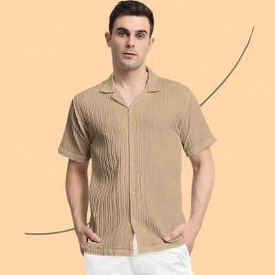 A COMBRAIDED Men Self Design Casual Cream Shirt