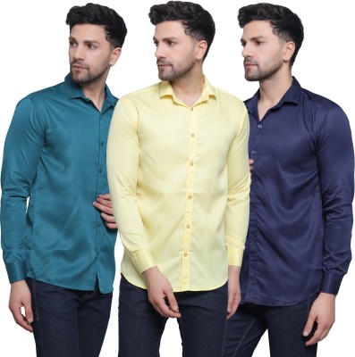 FILNECH Men Solid Casual Dark Green, Beige, Dark Blue Shirt(Pack of 3)