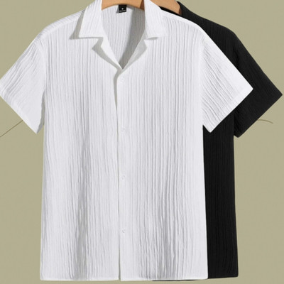 Looksky Men Striped, Self Design, Solid Casual White, Black Shirt(Pack of 2)